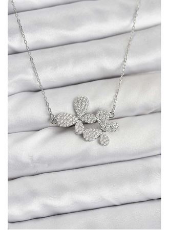 316L Çelik Zincir Gümüş Renk Zirkon Taşlı Kelebek Model Kadın Kolye