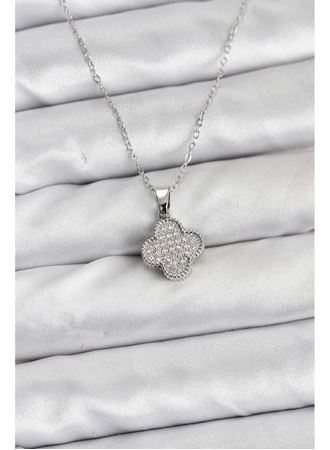 316L Çelik Zincir Gümüş Renk Zirkon Taşlı Yonca Model Kadın Kolye