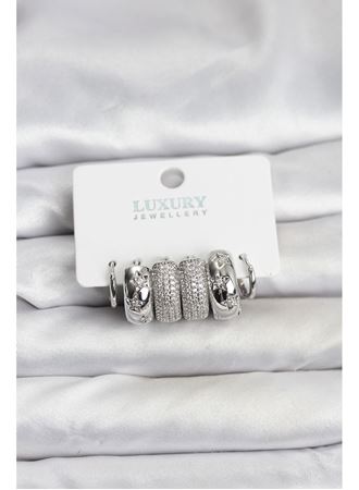 Zirkon Taşlı Pirinç Gümüş Renk Halka Kadın Küpe Seti