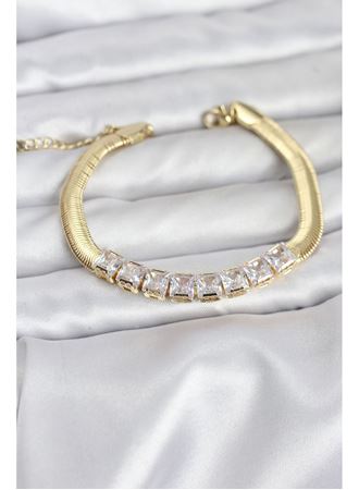 316L Çelik Gold Renk Kare Zirkon Taşlı Yılan Zincirli Kadın Bileklik