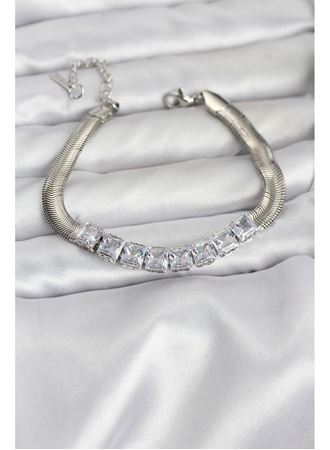 316L Çelik Gümüş Renk Kare Zirkon Taşlı Yılan Zincirli Kadın Bileklik