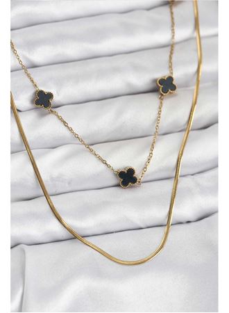316L Çelik Zincir Gold Renk İtalyan Zincirli Siyah Yonca Model Kadın Kolye