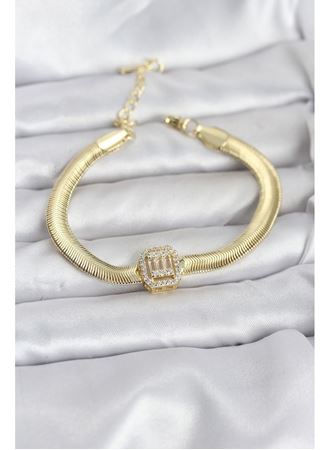 316L Çelik Gold Renk Baget Zirkon Taşlı Yılan Zincirli Kadın Bileklik