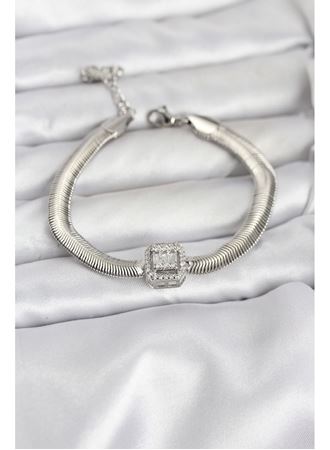 316L Çelik Gümüş Renk Baget Zirkon Taşlı Yılan Zincirli Kadın Bileklik