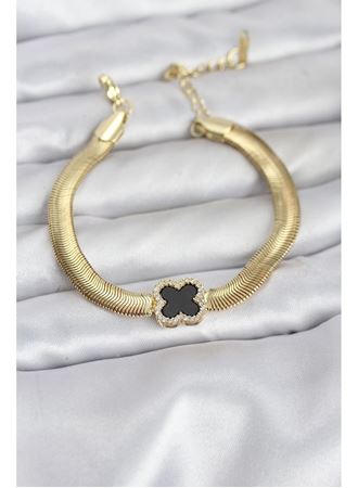316L Çelik Gold Renk Siyah Yonca Model Zirkon Taşlı Yılan Zincirli Kadın Bileklik