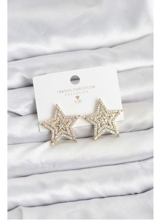 Gold Renk Pirinç Zirkon Taşlı Yıldız Model Kadın Küpe