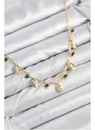 Pirinç Zirkon Taşlı Sallantılı Damla Model Gold Renk Kadın Kolye