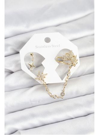 Kutup Yıldızı Model Pirinç Gold Renk Zincir Bağlantılı Ear Cuff Küpe Seti