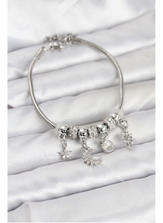 Pirinç Gümüş Renk Ay Charm Model Charmlı Kadın Bileklik