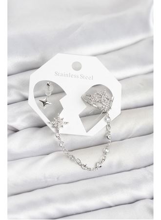 Kutup Yıldızı Model Pirinç Gümüş Renk Zincir Bağlantılı Ear Cuff Küpe Seti