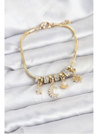 Pirinç Gold Renk Ay Charm Model Charmlı Kadın Bileklik