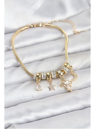 Pirinç Gold Renk Kalpli Model Charmlı Kadın Bileklik