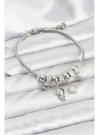 Pirinç Gümüş Renk Uzay Tema Charmlı Kadın Bileklik
