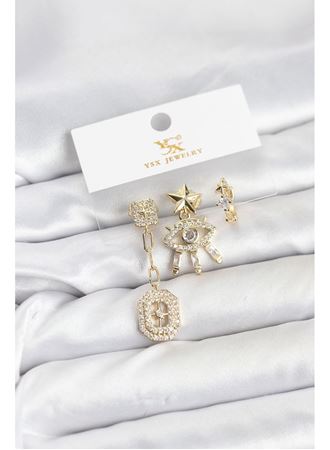 Pirinç Gold Renk Göz ve Kutup Yıldızı Model YSX Trio Küpe Seti