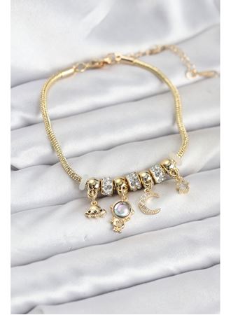 Pirinç Gold Renk Uzay Tema Charmlı Kadın Bileklik