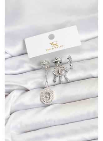 Pirinç Gümüş Renk Göz ve Kutup Yıldızı Model YSX Trio Küpe Seti