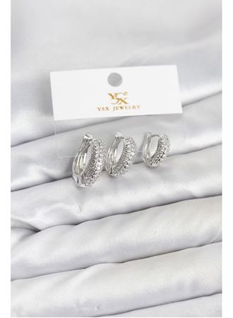 Pirinç Gümüş Renk Zirkon Taşlı Halka Model YSX Trio Küpe Seti