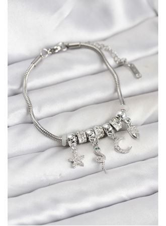 Pirinç Gümüş Renk Yılan Charmlı Kadın Bileklik