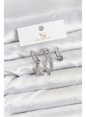 Pirinç Gümüş Renk Zirkon Taşlı Yıldız Vintage Model YSX Trio Küpe Seti