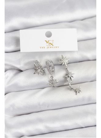 Pirinç Gümüş Renk Zirkon Taşlı Kutup Yıldızı Model YSX Trio Küpe Seti