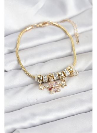 Pirinç Gold Renk Renkli Yıldız Charmlı Kadın Bileklik