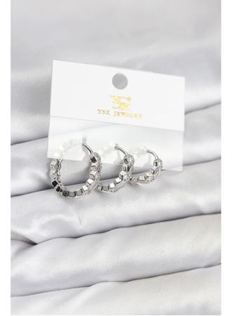 Pirinç Gümüş Renk Zirkon Taşlı Petek Halka Model YSX Trio Küpe Seti