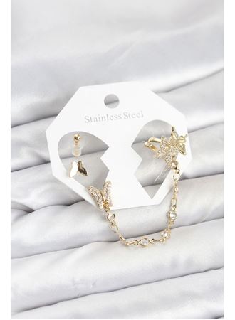 Pirinç Gold Renk Kelebek Model Zincir Bağlantılı Ear Cuff Küpe Seti