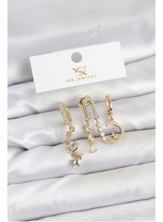 Pirinç Gold Renk Zirkon Taşlı Uzay Model YSX Trio Küpe Seti