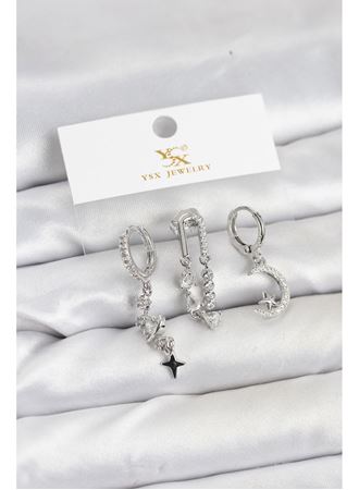 Pirinç Gümüş Renk Zirkon Taşlı Uzay Model YSX Trio Küpe Seti