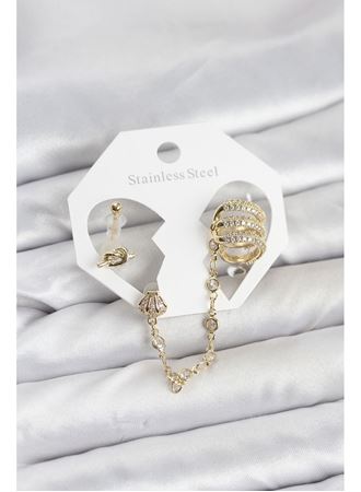 Pirinç Gold Renk Sarmal Model Zincir Bağlantılı Ear Cuff Küpe Seti