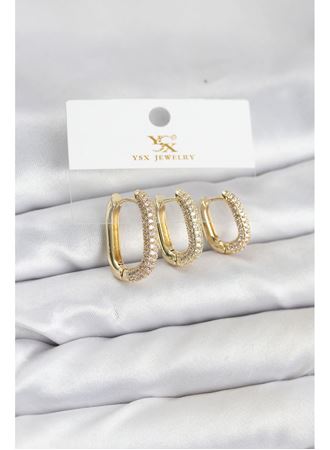 Pirinç Gold Renk Zirkon Taşlı Halka Model YSX Trio Küpe Seti