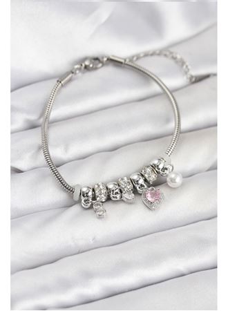 Pirinç Gümüş Renk Pembe Kalp Charmlı Kadın Bileklik