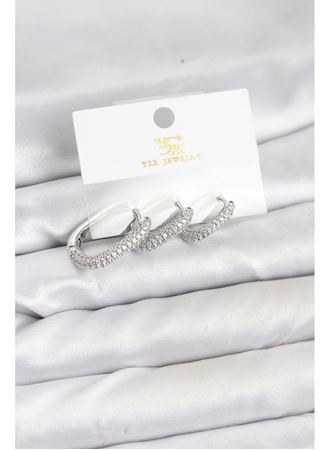 Pirinç Gümüş Renk Zirkon Taşlı Halka Model YSX Trio Küpe Seti