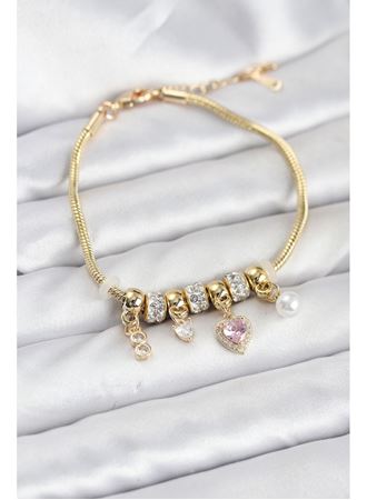 Pirinç Gold Renk Pembe Kalp Charmlı Kadın Bileklik