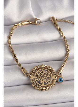 316L Çelik Gold Renk Burgu Zincir Model Dorika Yaşam Ağacı Figür Nazar Boncuk Detay Kadın Bileklik