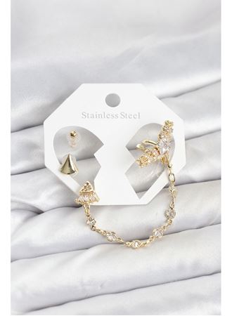 Pirinç Gold Renk Yıldızlı Model Zincir Bağlantılı Ear Cuff Küpe Seti