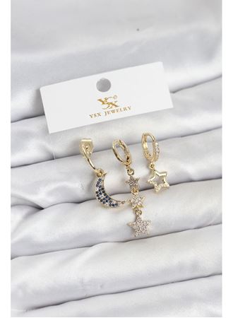 Pirinç Gold Renk Zirkon Taşlı Ay ve Yıldız Model YSX Trio Küpe Seti