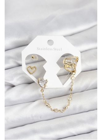 Pirinç Gold Renk Kalp Model Zincir Bağlantılı Ear Cuff Küpe Seti