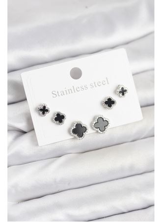 316L Çelik Gümüş Renk Zirkon Taşlı Yonca Model Kadın Küpe Seti