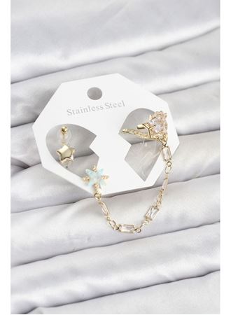Yıldız Model Pirinç Gold Renk Zincir Bağlantılı Ear Cuff Küpe Seti