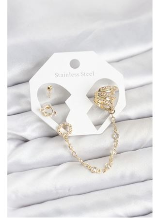 Uzay Model Pirinç Gold Renk Zincir Bağlantılı Ear Cuff Küpe Seti