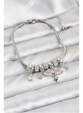 Pirinç Gümüş Renk Kanatlı Charmlı Kadın Bileklik