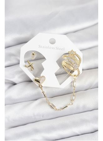 Kalp Yıldız Model Pirinç Gold Renk Zincir Bağlantılı Ear Cuff Küpe Seti