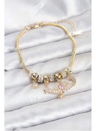 Pirinç Gold Renk Kanatlı Charmlı Kadın Bileklik