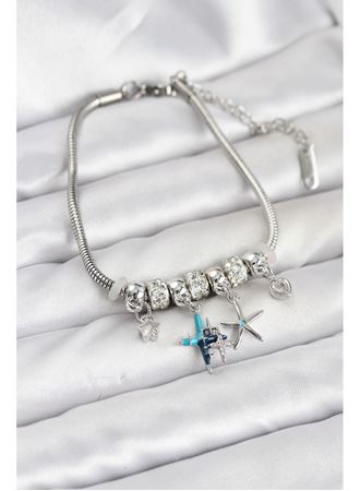 Pirinç Gümüş Renk Yıldız Model Charmlı Kadın Bileklik
