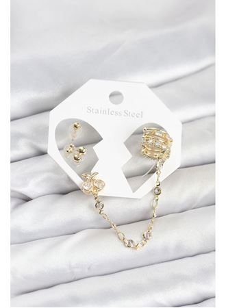 Kiraz Model Pirinç Gold Renk Zincir Bağlantılı Ear Cuff Küpe Seti