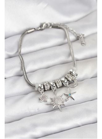 Pirinç Gümüş Renk Güneş Tema Charmlı Kadın Bileklik