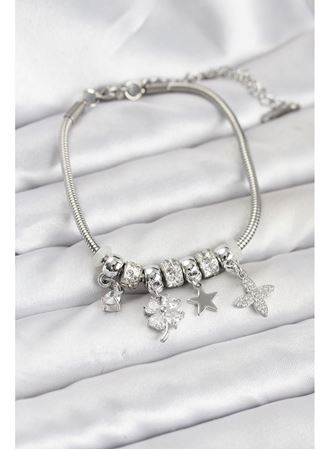 Gümüş Renk Pirinç Yonca Charmlı Kadın Bileklik