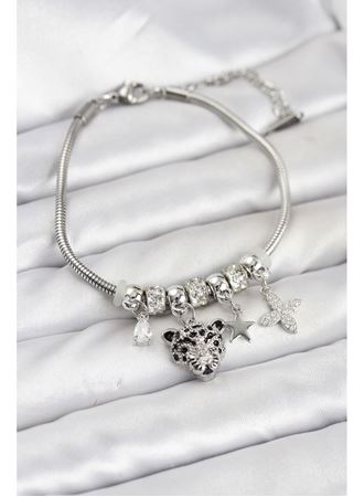 Pirinç Gümüş Renk Kaplan Model Charmlı Kadın Bileklik