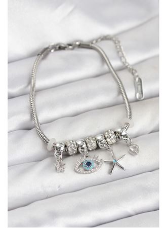 Pirinç Gümüş Renk Göz Model Charmlı Kadın Bileklik